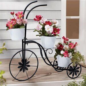 Metal Flower Pot Cart Holder Tricycle Planter w 3 Plant Bucket Outdoor